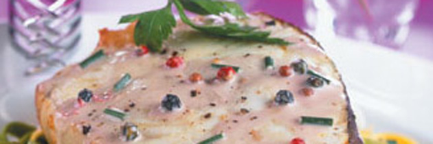 Halibut Steak with Champagne and Peppercorn Sauce